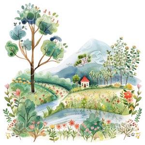 K&ouml;nnte beinhalten: Ein Aquarellbild einer fantasievollen Landschaft mit einem kleinen roten H&auml;uschen, einem gewundenen Fluss und &uuml;ppigen gr&uuml;nen B&auml;umen. Die Szene ist voller bunter Blumen und einem Berg im Hintergrund.