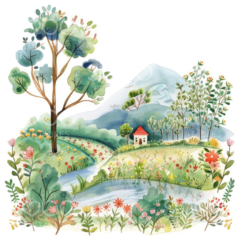 K&ouml;nnte beinhalten: Ein Aquarellbild einer fantasievollen Landschaft mit einem kleinen roten H&auml;uschen, einem gewundenen Fluss und &uuml;ppigen gr&uuml;nen B&auml;umen. Die Szene ist voller bunter Blumen und einem Berg im Hintergrund.
