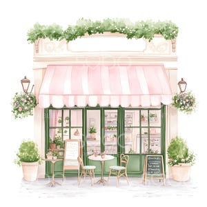 May include: A watercolor illustration of a pink and white striped awning over a storefront with green windows and a small outdoor seating area. The storefront has a sign that reads "Bienvenue Paris".