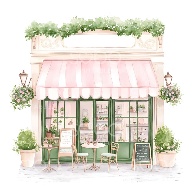 May include: A watercolor illustration of a pink and white striped awning over a storefront with green windows and a small outdoor seating area. The storefront has a sign that reads "Bienvenue Paris".