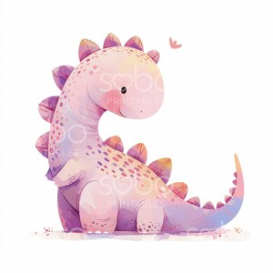 May include: A watercolor illustration of a pink and purple dinosaur with a butterfly above it. The dinosaur has a spotted pattern and a long tail.