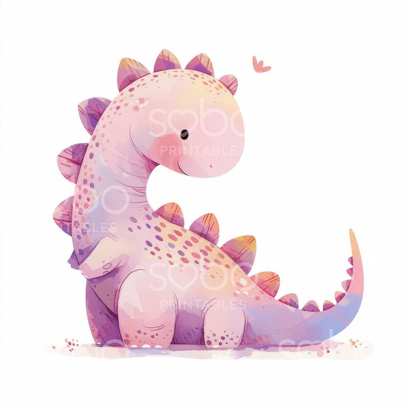 May include: A watercolor illustration of a pink and purple dinosaur with a butterfly above it. The dinosaur has a spotted pattern and a long tail.