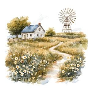 24 cliparts de moulin à vent de cottage rustique, ferme rustique, clipart aquarelle, fichiers JPG de haute qualité, téléchargement numérique, haute résolution, créations en papier S712