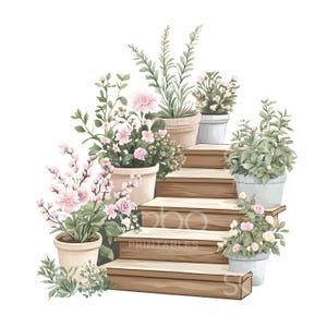 18 Clipart pots escalier, maison Pots Clipart, aquarelle imprimable, fichiers JPG de haute qualité, téléchargement numérique, créations en papier, journal indésirable S855