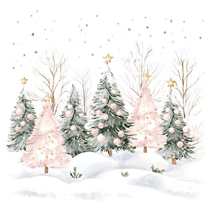 24 roze kerstbomen clipart, winter feestelijke clipart, afdrukbare aquarel, hoge kwaliteit jpg's, digitale download, Paper Craft S305