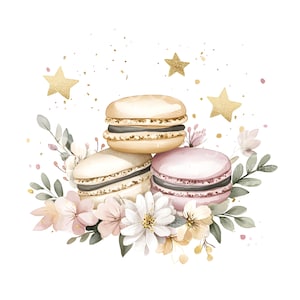 18 Boho Macarons Clipart, Pastell Französisch Macaron, Französisches Essen, Goldfolie, hochwertige JPG, Digital Download, Papiermodell, Junk Journal S765