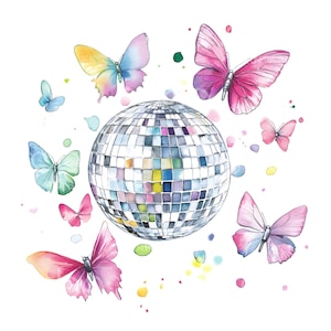 21 Silber Disco Balls Schmetterlinge Clipart, Schmetterling Retro Party einladen, druckbare hochwertige JPGs, digitaler Download, Papierhandwerk S597