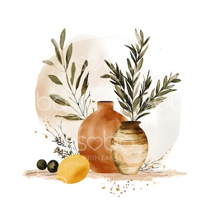 May include: A watercolor illustration featuring two ceramic vases, one solid terracotta and one with horizontal beige stripes, containing green leafy branches. A bright yellow lemon and two small dark green olives sit in the foreground.