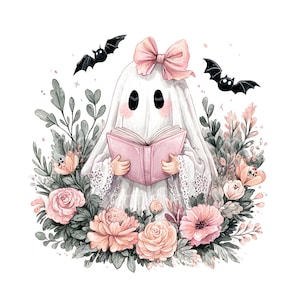 May include: A watercolor illustration of a friendly ghost reading a pink book, surrounded by flowers and greenery. The ghost wears a pink bow and is flanked by two black bats, creating a whimsical Halloween theme.