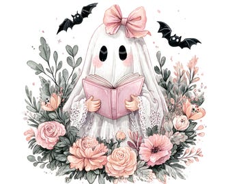 17 Floral Book Ghost Clipart, Girly Ghost with Bow, Bookish Ghost, Cute Ghost Reading, High Quality JPG, Digital Download, Paper Craft U44
