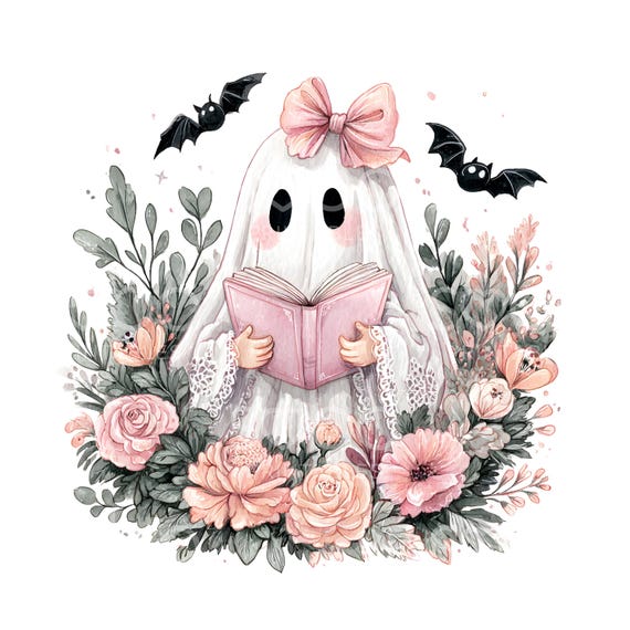 17 Floral Book Ghost Clipart, Girly Ghost with Bow, Bookish Ghost, Cute Ghost Reading, High Quality JPG, Digital Download, Paper Craft U44
