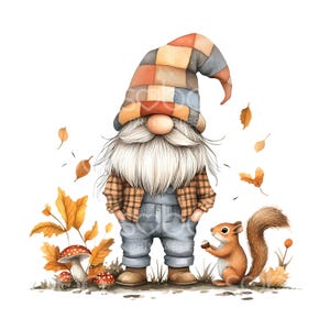 Pode incluir: Ilustração em aquarela de um gnomo de jardim com uma longa barba branca, camisa xadrez, macacão de ganga e chapéu de retalhos. Um esquilo segura uma bolota, rodeado por folhas de outono e cogumelos.