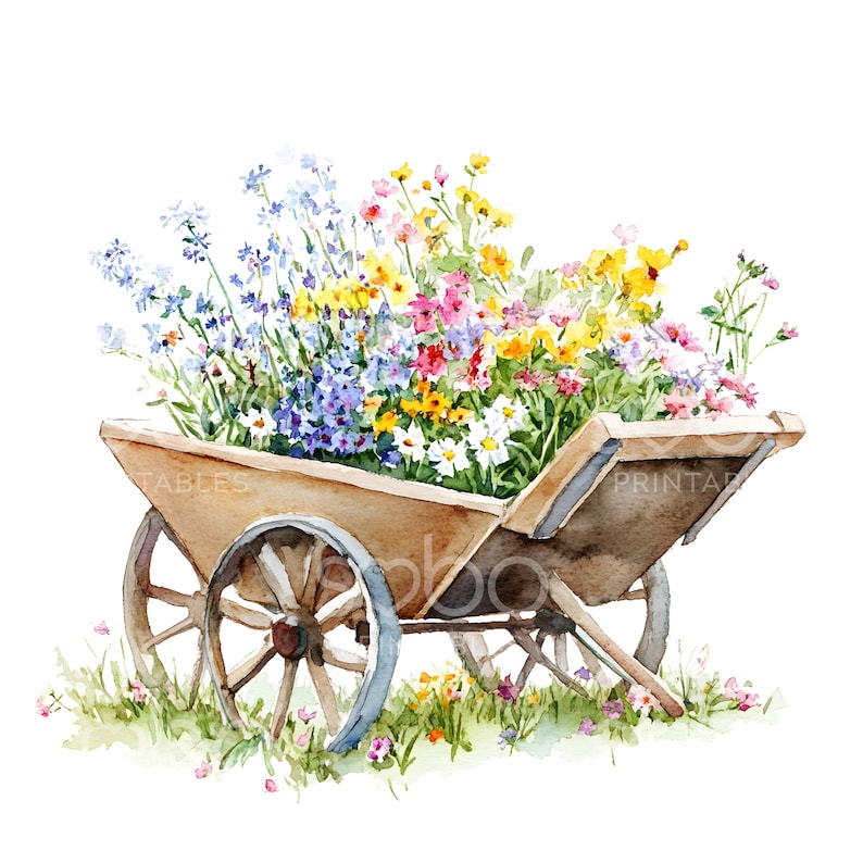 K&ouml;nnte beinhalten: Ein h&ouml;lzerner Schubkarren, der &uuml;berquillt mit einem bunten Blumenstrau&szlig;, darunter blaue, rosa, gelbe und wei&szlig;e Bl&uuml;ten. Der Schubkarren steht auf einem Bett aus gr&uuml;nem Gras mit kleinen rosa Bl&uuml;ten.