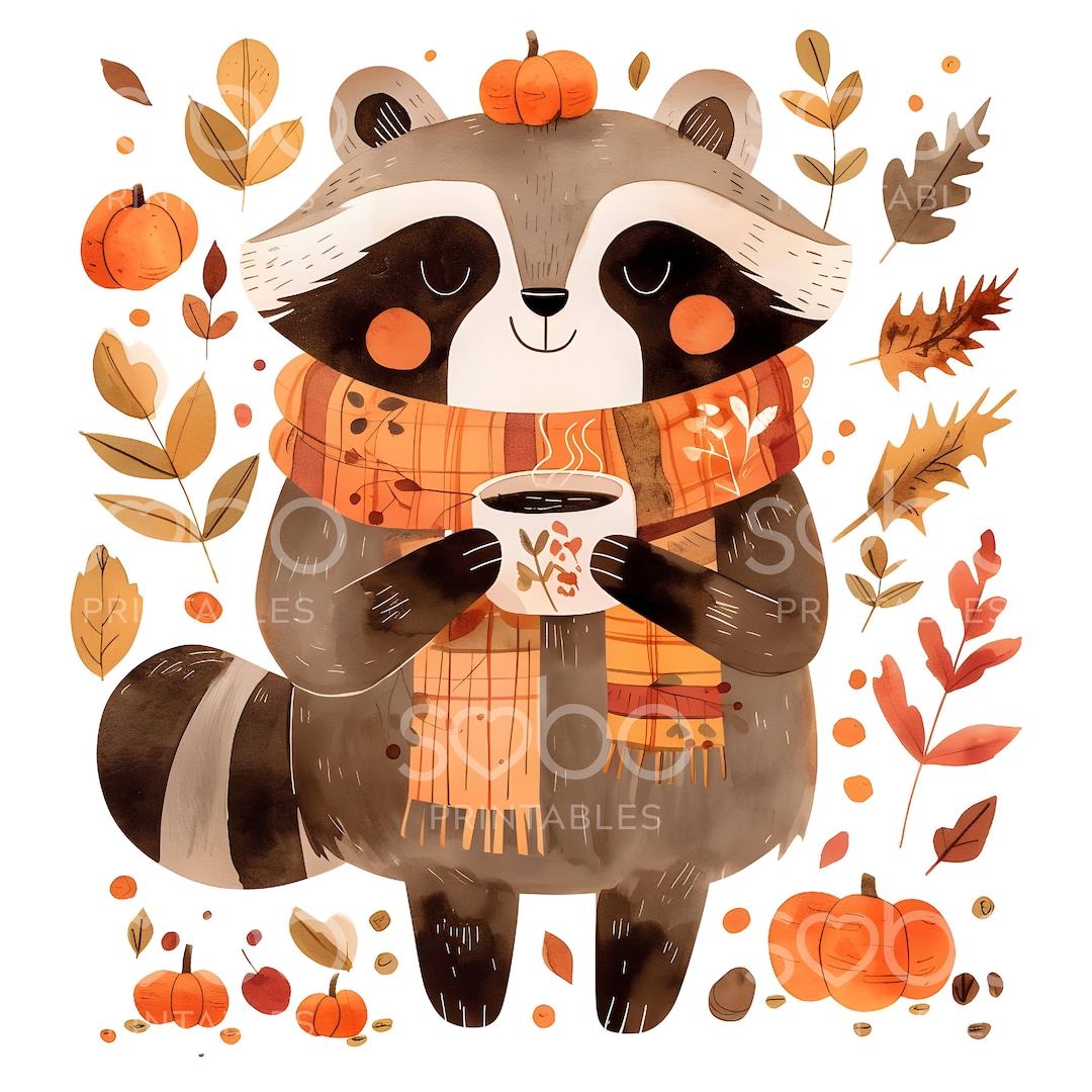 Cute Fall Raccoon Clipart - 11 High Quality Jpgs, Wall Art, Scrapbook ...