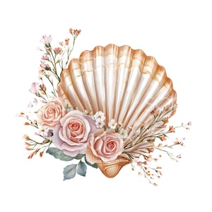 Puede incluir: Ilustración acuarela de una concha con un ramo de rosas rosas y flores delicadas. La concha es de color beige cálido con detalles blancos y dorados. Las flores son en tonos rosa, melocotón y blanco.