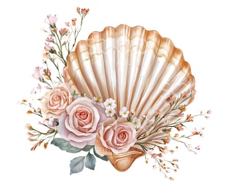 18 Floral Rose Sea Shell Clipart, Seashell Art, Printable Watercolor Art, High Quality JPGs, Digital Download, Paper Craft Junk Journal S730