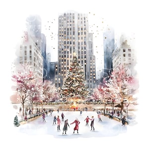 Può includere: Dipinto ad acquerello di una scena invernale con un grande albero di Natale, pattinatori e palazzi. L'albero è decorato con luci e una stella. Le persone pattinano su una pista di pattinaggio davanti all'albero. Gli edifici sono sullo sfondo.