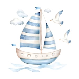 18 Seagull Sail Boat Clipart, Cartoon Ship, Nursery Sailboat, High Quality JPGs, Printable Digital Download, Paper Craft, Junk Journal S914