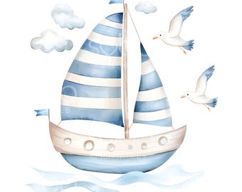 18 Seagull Sail Boat Clipart, Cartoon Ship, Nursery Sailboat, High Quality JPGs, Printable Digital Download, Paper Craft, Junk Journal S914