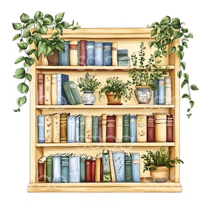 May include: A wooden bookcase with four shelves filled with books and potted plants. The bookcase is painted a light yellow colour and has a simple design. The books are a variety of colours and sizes, and the plants are green and leafy.