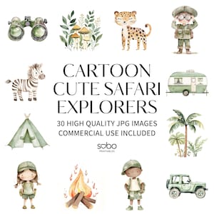 30 cartoon schattige safari ontdekkingsreizigers clipart, safari tour clipart, wilde jungledieren, aquarel dier, jungledieren, digitale download S255