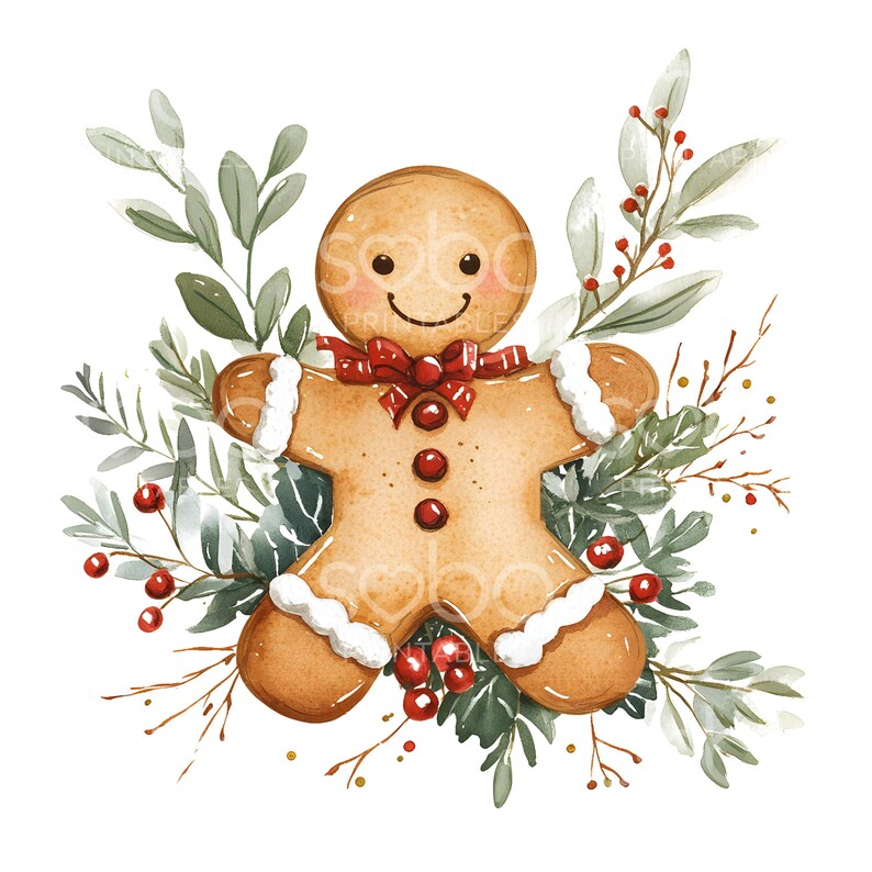 May include: A gingerbread man with a red bow tie and white icing is surrounded by green leaves and red berries. The gingerbread man is smiling and has a happy expression.