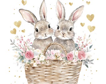 21 Cute Bunnies Clipart, Easter Bunny Clipart, Gold Foil Easter Card, High Quality JPG, Digital Download, Paper Craft Junk Journal S276