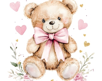 25 Valentine Teddy Bear Bows Clipart, Coquette Teddy Bear, Printable Watercolor, High Quality JPGs, Digital Download, Paper Craft S492