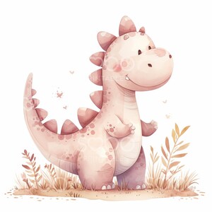May include: A pink cartoon dinosaur with a long tail and brown spots stands in a field of brown grass with small white butterflies flying around it.