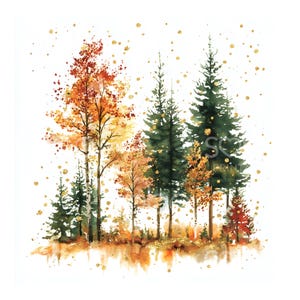 May include: Watercolor painting of a forest scene with trees in autumn colors. The image features a mix of green evergreen trees and deciduous trees with orange and yellow leaves. Gold glitter accents the scene.