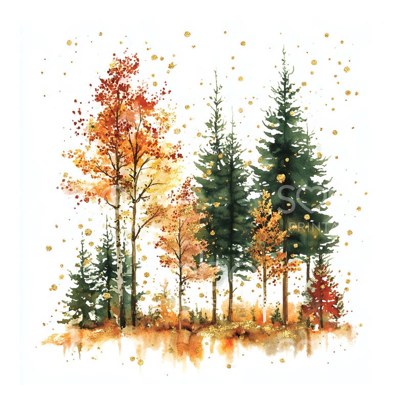 May include: Watercolor painting of a forest scene with trees in autumn colors. The image features a mix of green evergreen trees and deciduous trees with orange and yellow leaves. Gold glitter accents the scene.