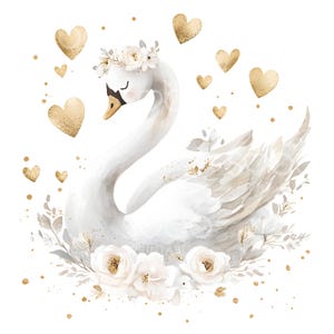 22 Clipart cygne bohème, clipart chambre d'enfant rose et or, cygne abstrait doré, JPG de haute qualité, jolie fille pour chambre d'enfant, art cygne fantaisiste S235