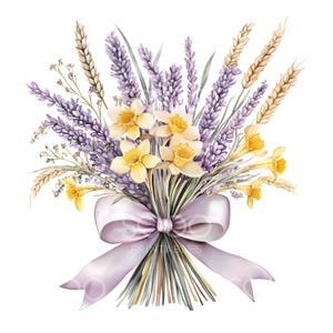 May include: A watercolor painting of a bouquet of lavender, daffodils, and wheat tied with a purple ribbon.