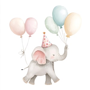 21 Bebê elefante aniversário clipart, elefante fofo, bebê safári animal, clipart aquarela para impressão, JPGs de alta qualidade, arte de parede de berçário S416