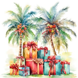 May include: Watercolor painting of two palm trees with colorful presents underneath. The presents are wrapped in red, blue, yellow, and green paper with bows.