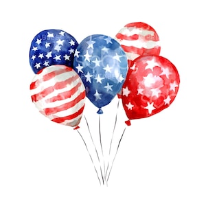 21 Patriotyczne balony Clipart, USA Party Invite Art, 4 lipca, akwarelowe Clipart, wysokiej jakości JPG, cyfrowe pobieranie, papierowe rzemiosło S992