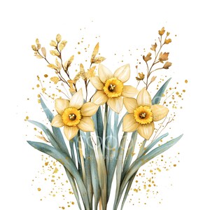 May include: A watercolor painting of a bouquet of yellow daffodils with green leaves and gold glitter accents.