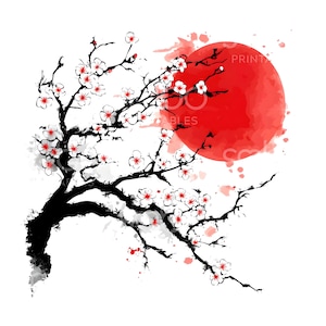 19 Sakura Moon Ink Clipart, Japanese Wall Art, Sakura Branch, Printable Watercolor Clipart, High Quality JPG, Paper Craft, Junk Journal S623