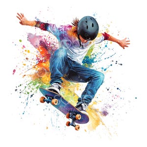 19 jongen schaatsen clipart, skater jongen, skate board, afdrukbare aquarel, hoge kwaliteit jpg's, digitale download, Paper Craft, Junk Journal S439