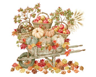 21 Fall Wheelbarrow Clipart, Autumn Wheelbarrow, Fall Harvest, Printable Watercolour, High Quality JPGs, Digital Download, Paper Craft U304