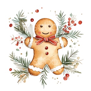 May include: A watercolour illustration of a gingerbread man with a red bow tie surrounded by green and white pine branches and red berries.