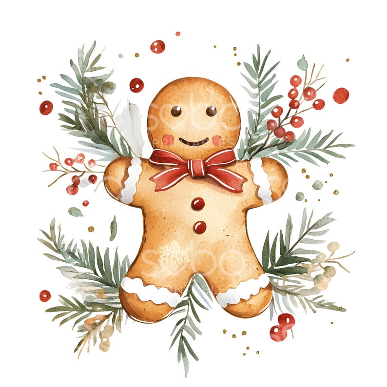 May include: A watercolour illustration of a gingerbread man with a red bow tie surrounded by green and white pine branches and red berries.
