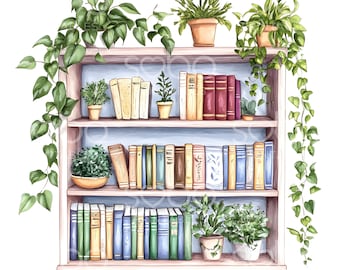 20 Cartoon Floral Bookshelf Clipart, Colorful Bookshelf, Printable Watercolor Clipart, High Quality JPGs, Digital Download Junk Journal S515