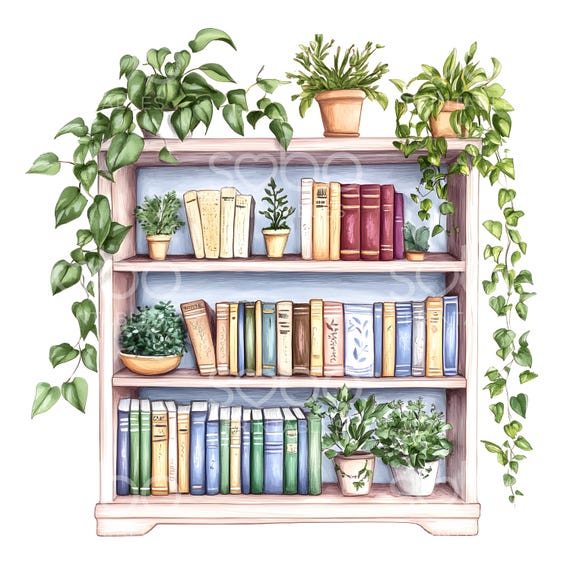 20 Cartoon Floral Bookshelf Clipart, Colorful Bookshelf, Printable Watercolor Clipart, High Quality JPGs, Digital Download Junk Journal S515