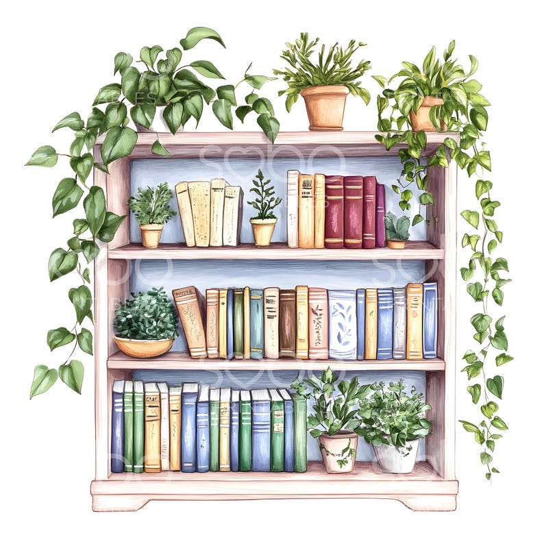 May include: A white bookcase with three shelves filled with books and potted plants. The bookcase is decorated with green vines.