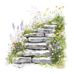 Clipart de 23 escaleras de piedra, escaleras florales antiguas, acuarela imprimible, JPG de alta calidad, descarga digital, manualidades de papel, diario basura S902