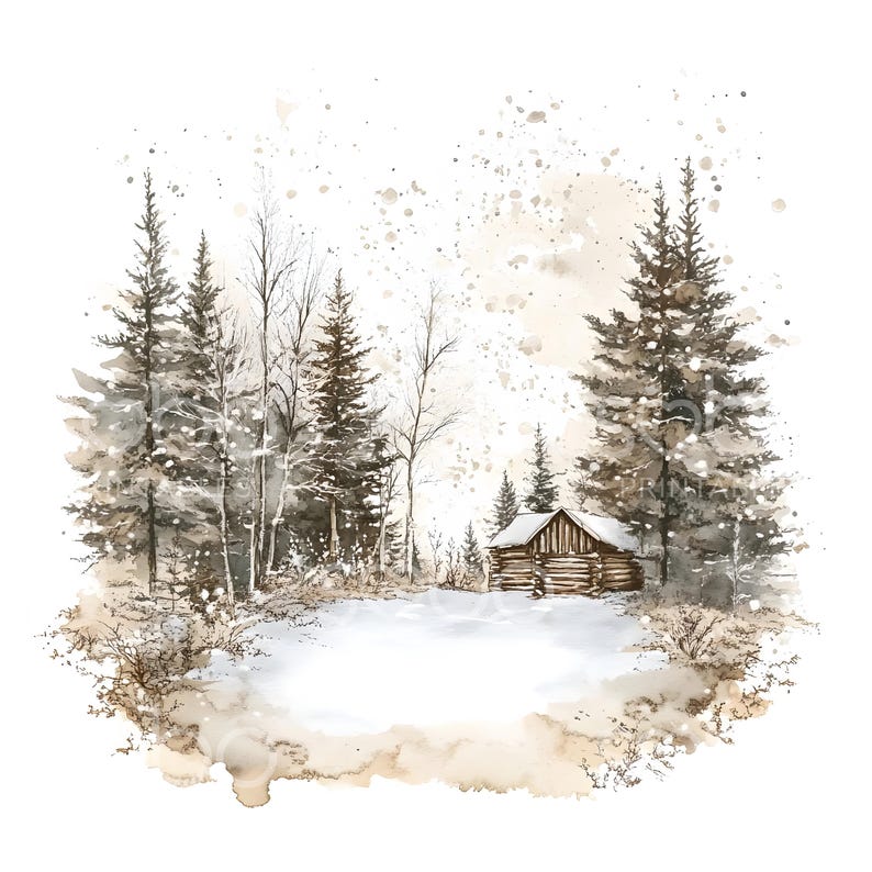 May include: Watercolor painting of a winter forest scene with a small log cabin. Tall evergreen trees and bare deciduous trees surround a snow-covered clearing. The artwork uses muted brown, gray, and white tones, with a splattered effect.