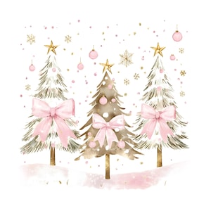 Puede incluir: Ilustración en acuarela de tres árboles de Navidad con lazos rosas, adornos y estrellas doradas. Los árboles se alzan sobre un fondo blanco con copos de nieve y confeti rosa. El tema es festivo y navideño.