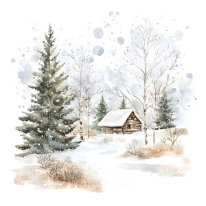 May include: Watercolor painting of a snowy winter landscape. A rustic cabin with a snow-covered roof sits nestled among evergreen and bare trees. The scene is dusted with snow and soft watercolor splatters.
