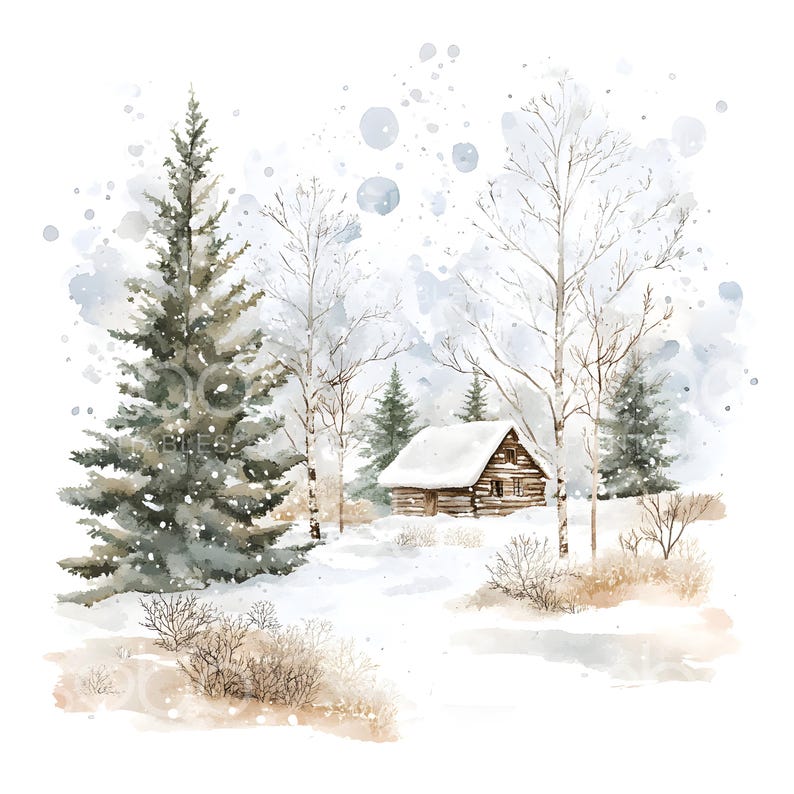 May include: Watercolor painting of a snowy winter landscape. A rustic cabin with a snow-covered roof sits nestled among evergreen and bare trees. The scene is dusted with snow and soft watercolor splatters.